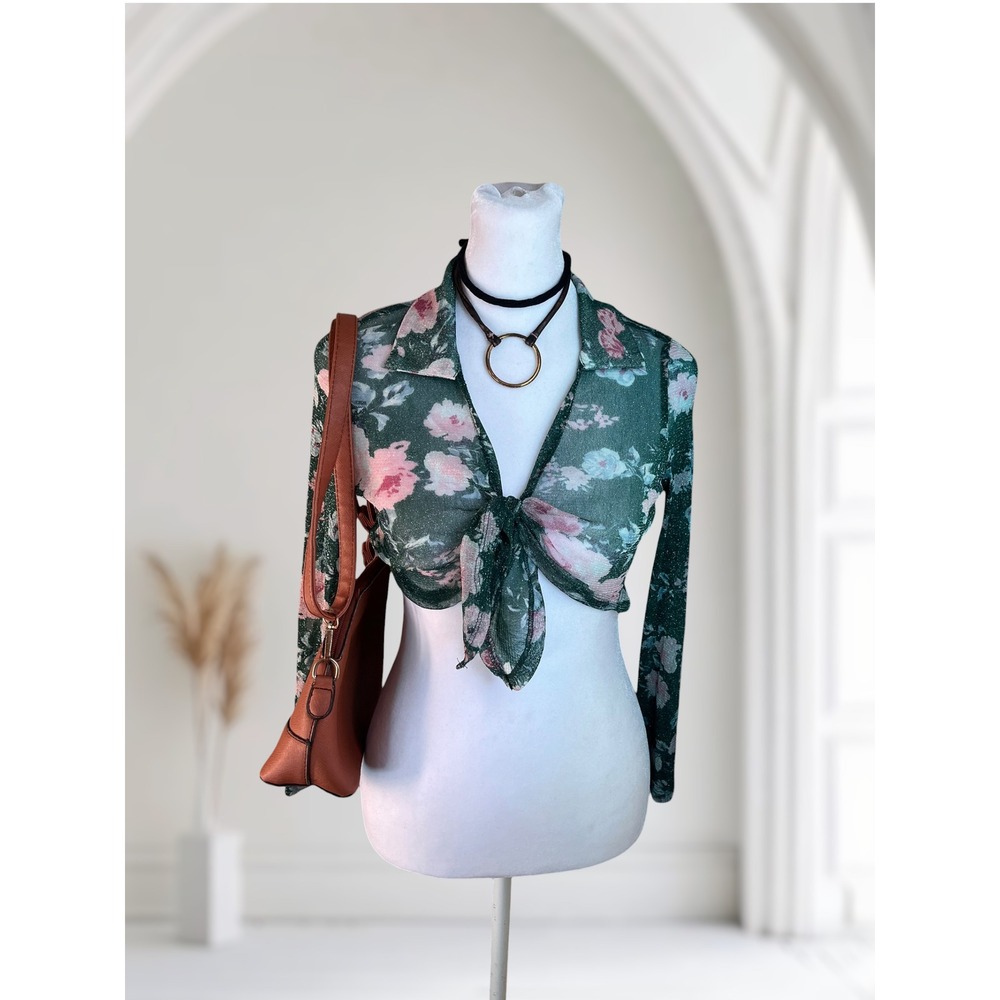Knit Works Floral Tie Front Long Sleeve Crop Top